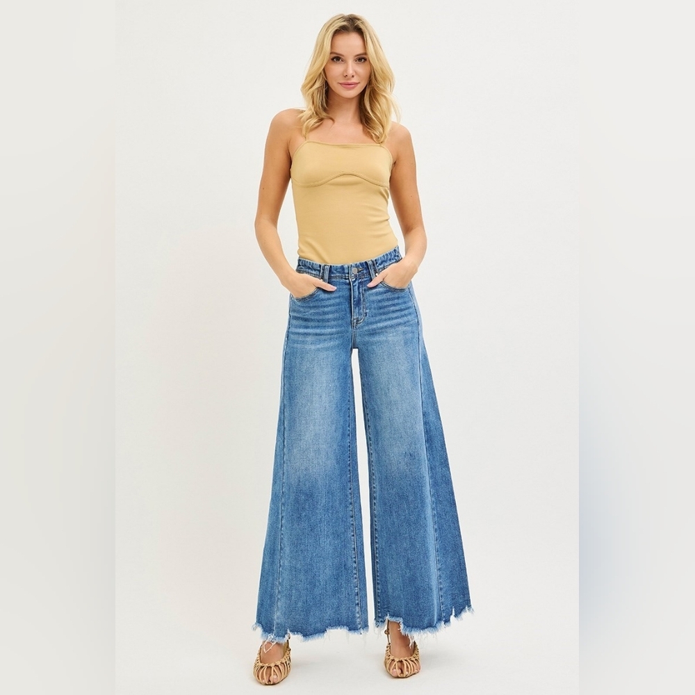 Risen High Rise Slim Fit Ultra Wide Leg Jeans Retro Frayed Raw Hem Denim Pants - Picture 4 of 15